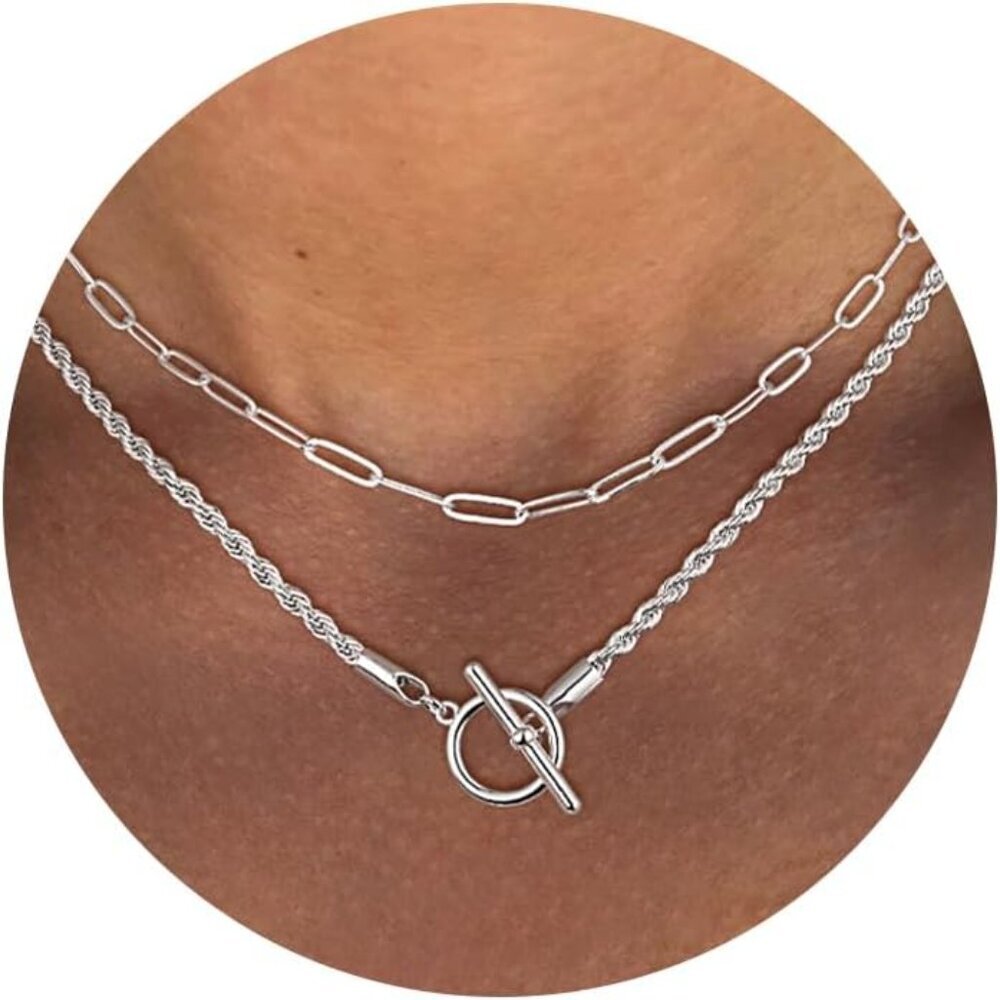 Silver Layered Necklaces For Women, 14k Gold/Silver Plated Chain Necklaces For W